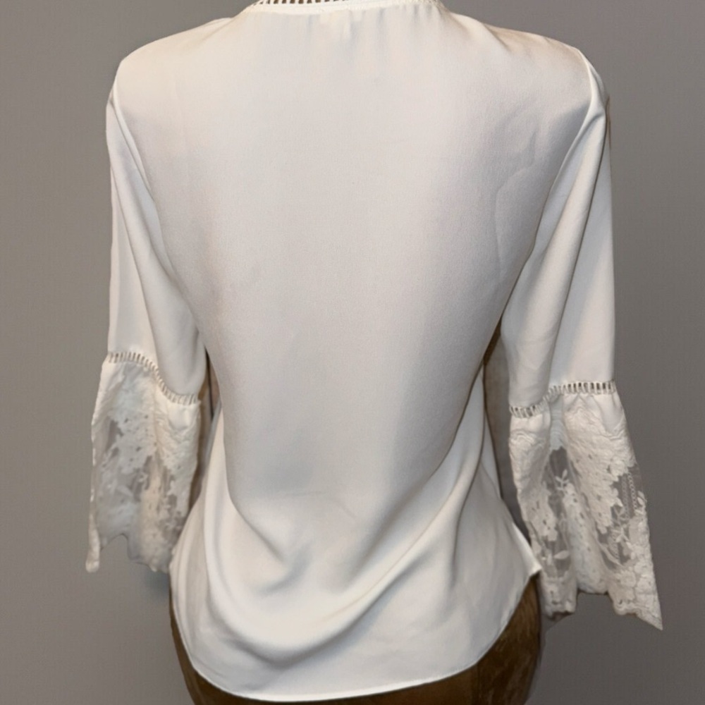 REBA White Blouse With Lace Trim & Sleeves, Silky, Bell Sleeves Top western S​​ - Picture 6 of 11